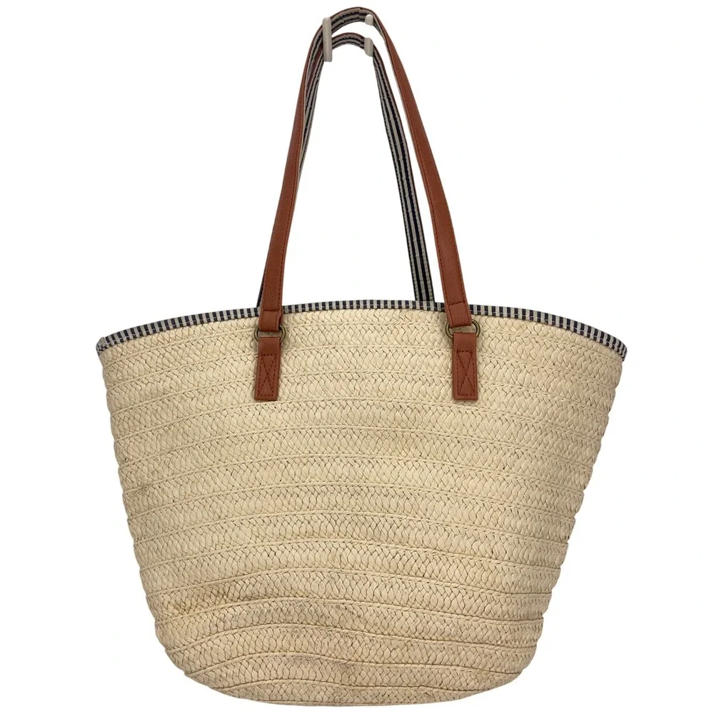 Beige Straw Tote Tassel Woven Raffia Style Coastal Beach Bag